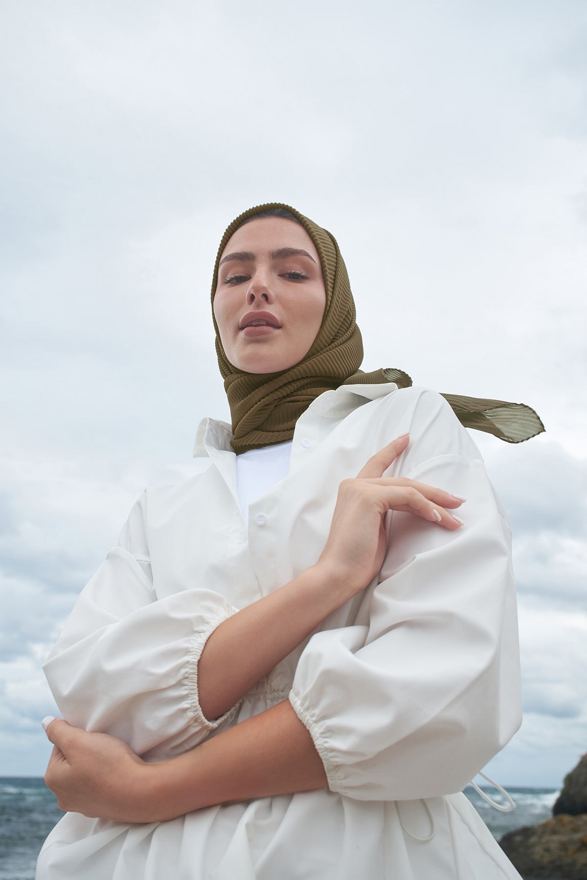 Pleated Chiffon Scarf in Army Green color