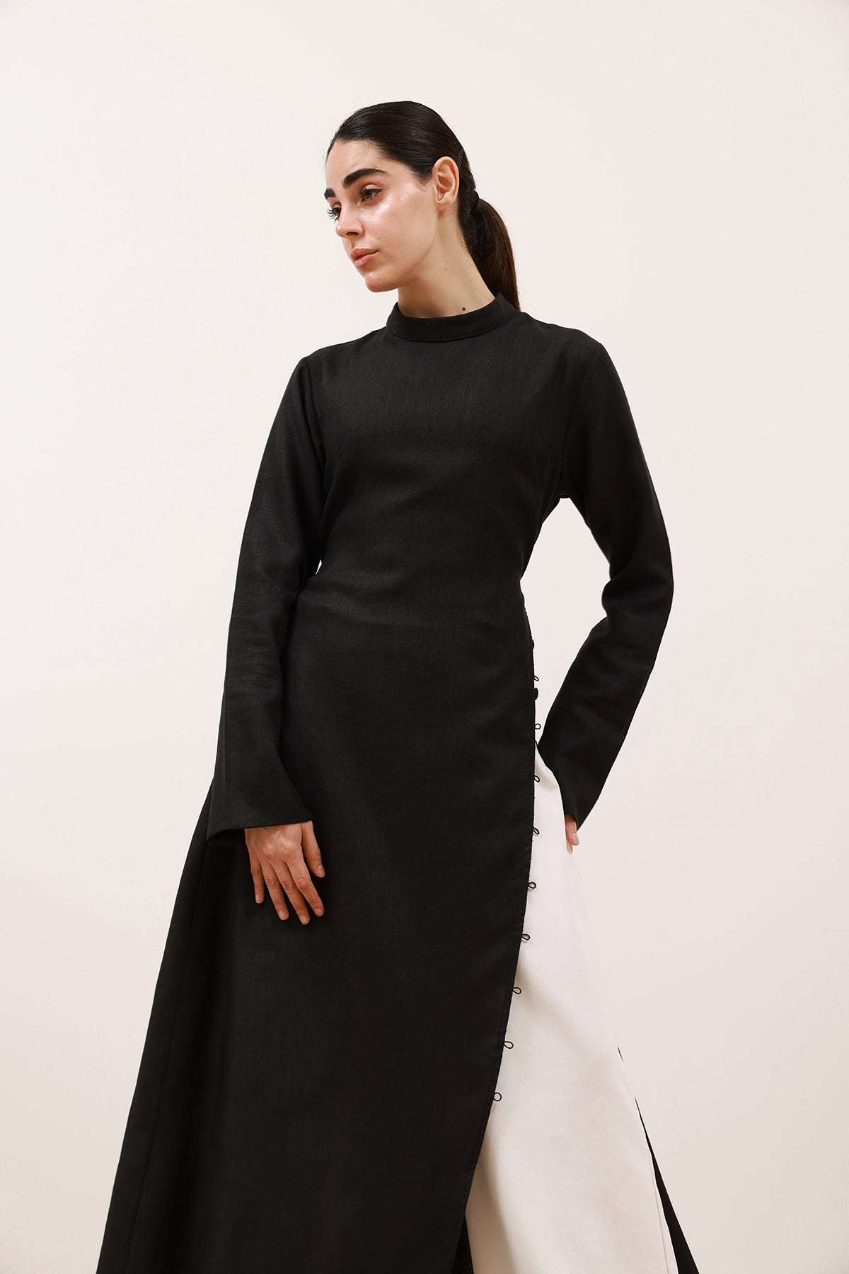 knee length dresses for ladies Fall Thin Black Linen Dresses Long Sleeve Linen Caftans Gown L main image 1