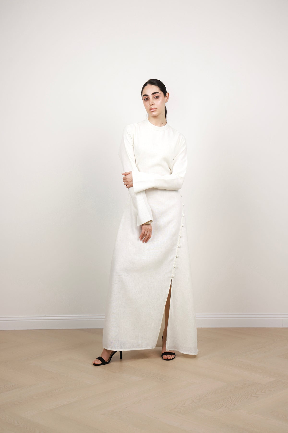 Linen Dress With Slit - White