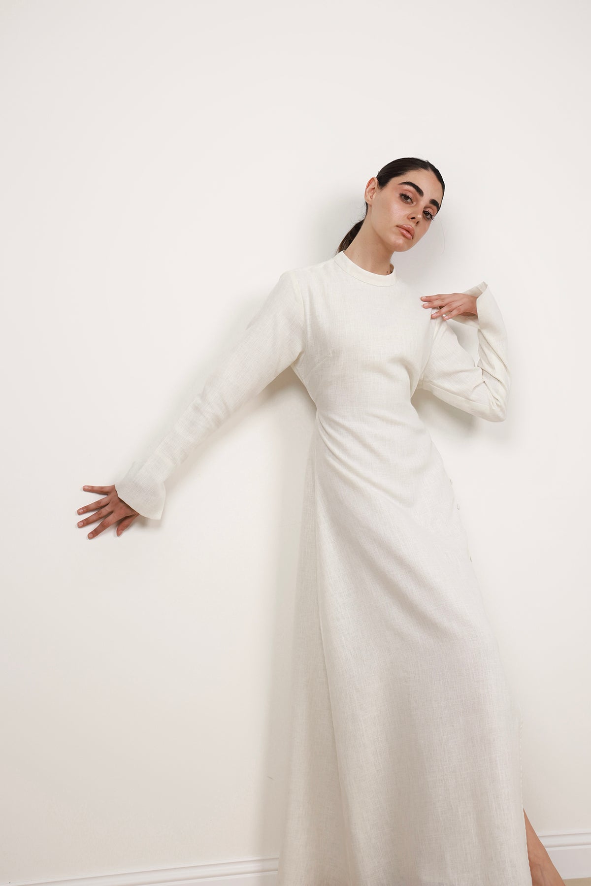 Linen Dress With Slit - White