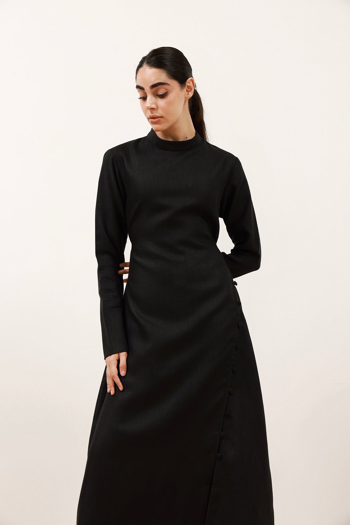 Linen Dress With Slit - Black