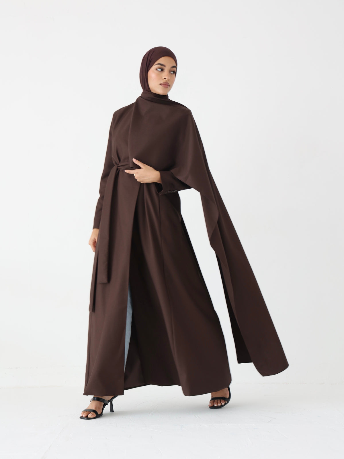 Brown Scarf Abaya – belted maxi abaya with detachable scarf, photo 6
