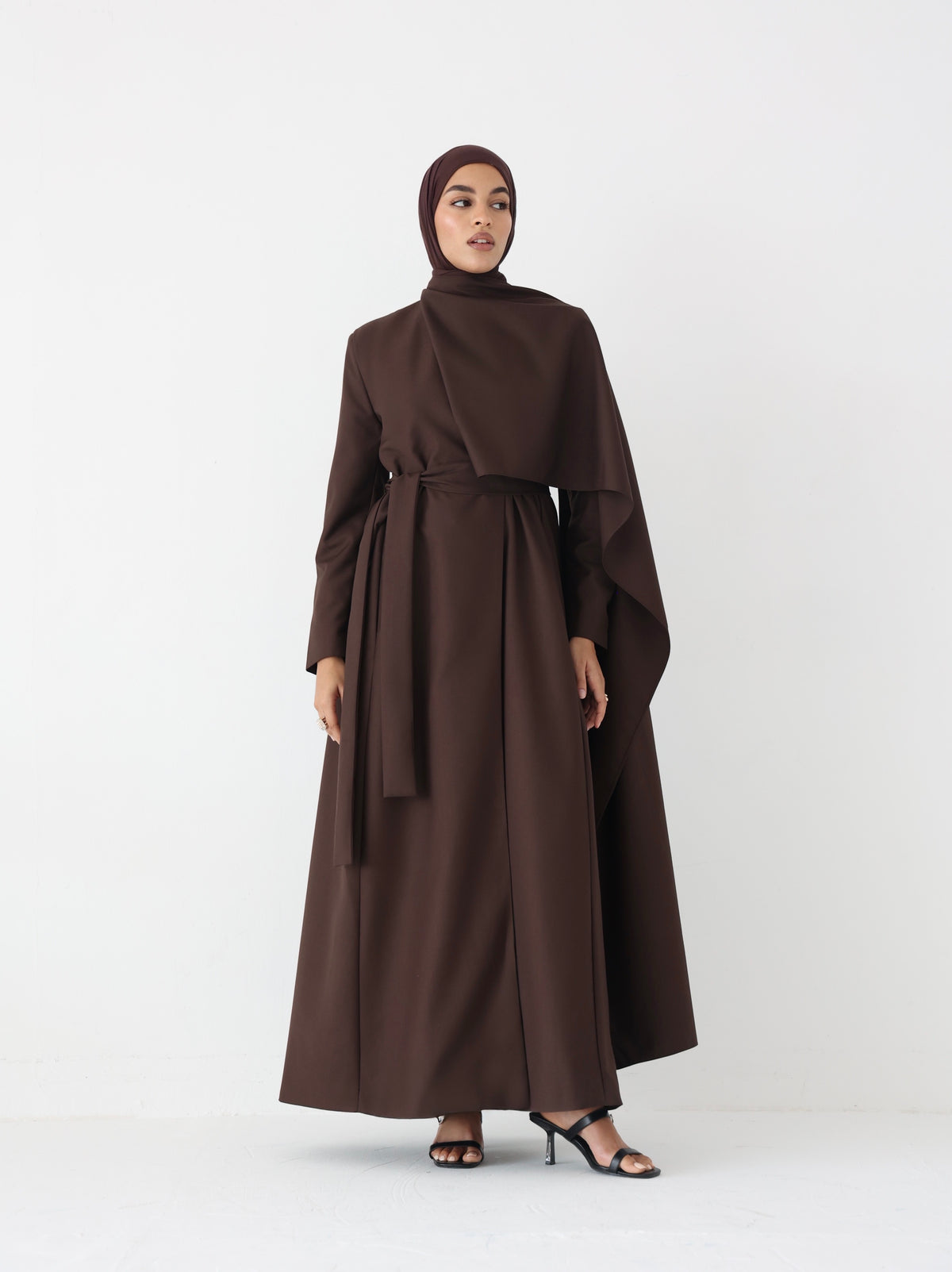 Brown Scarf Abaya – belted maxi abaya with detachable scarf, photo 1