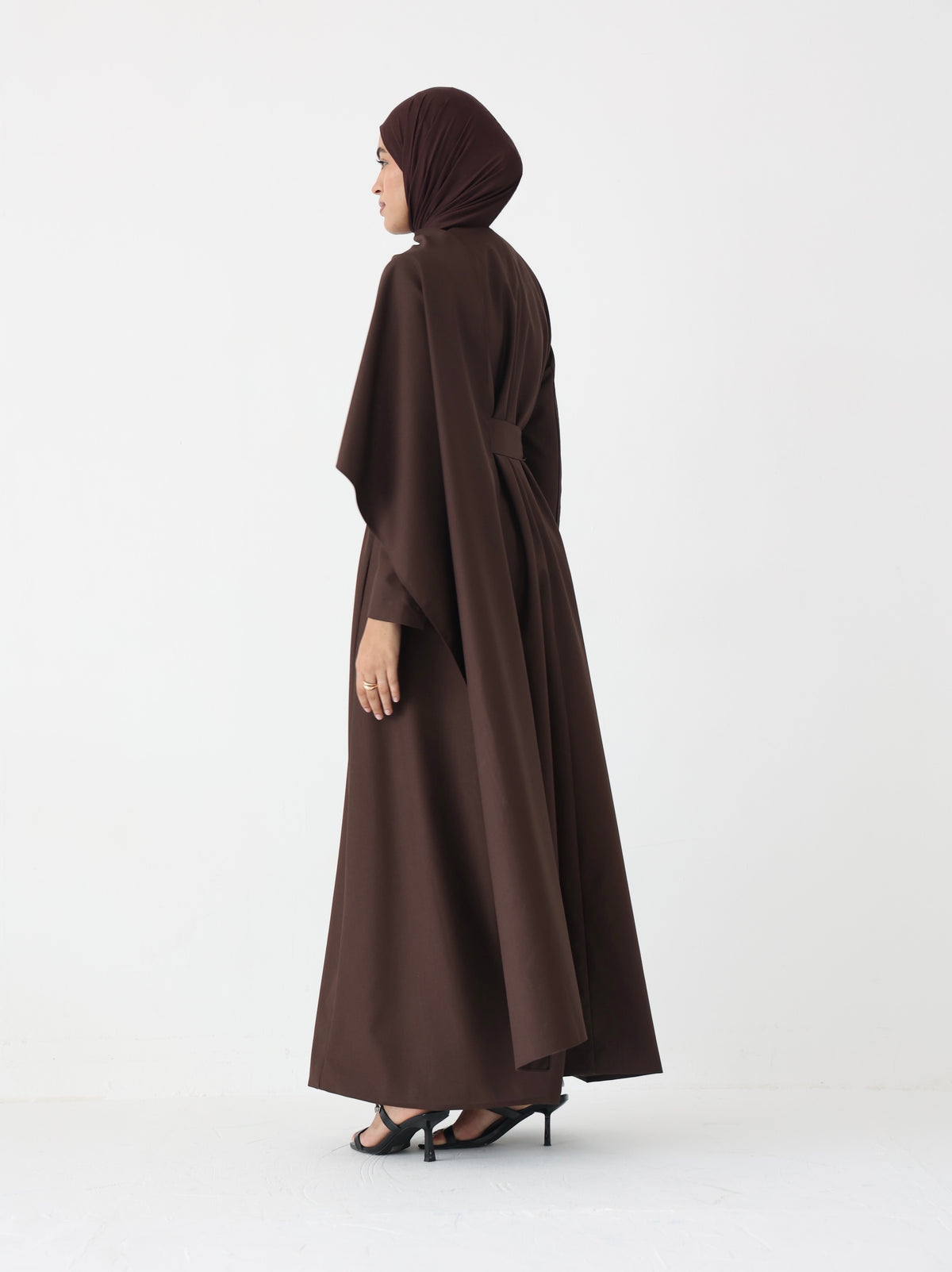Brown Scarf Abaya – belted maxi abaya with detachable scarf, photo 5