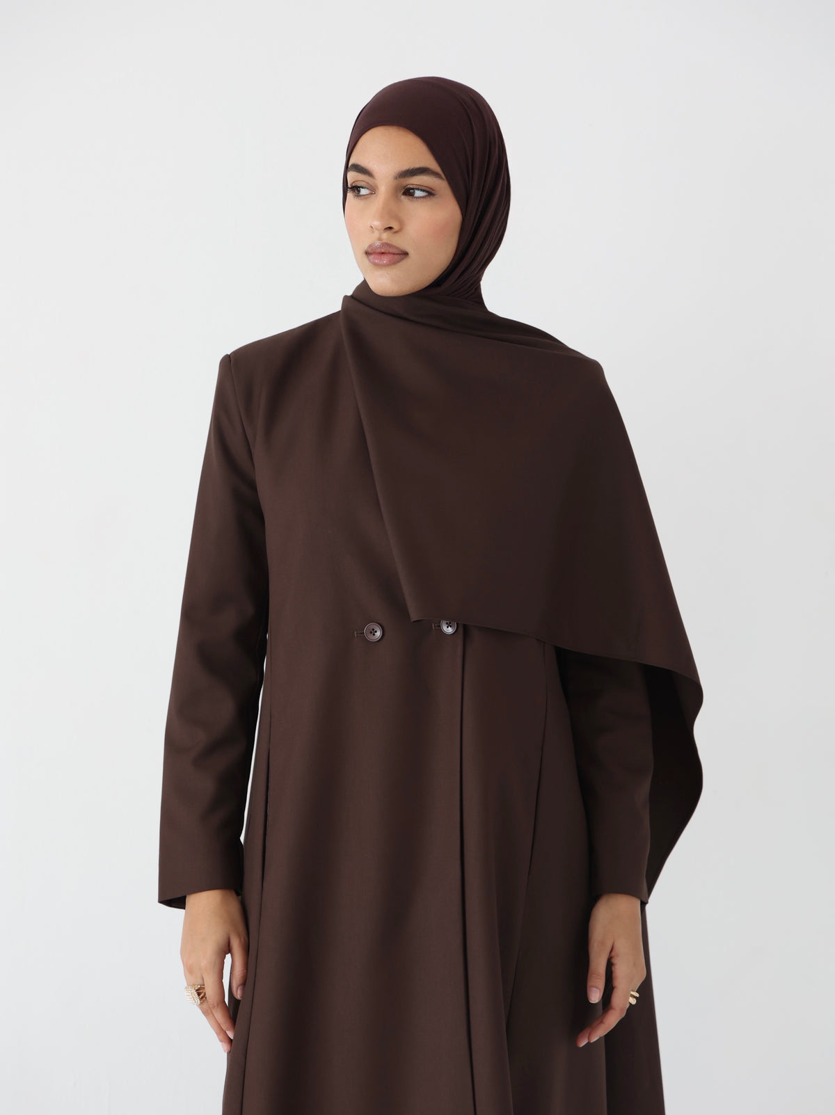 Brown Scarf Abaya – belted maxi abaya with detachable scarf, photo 4