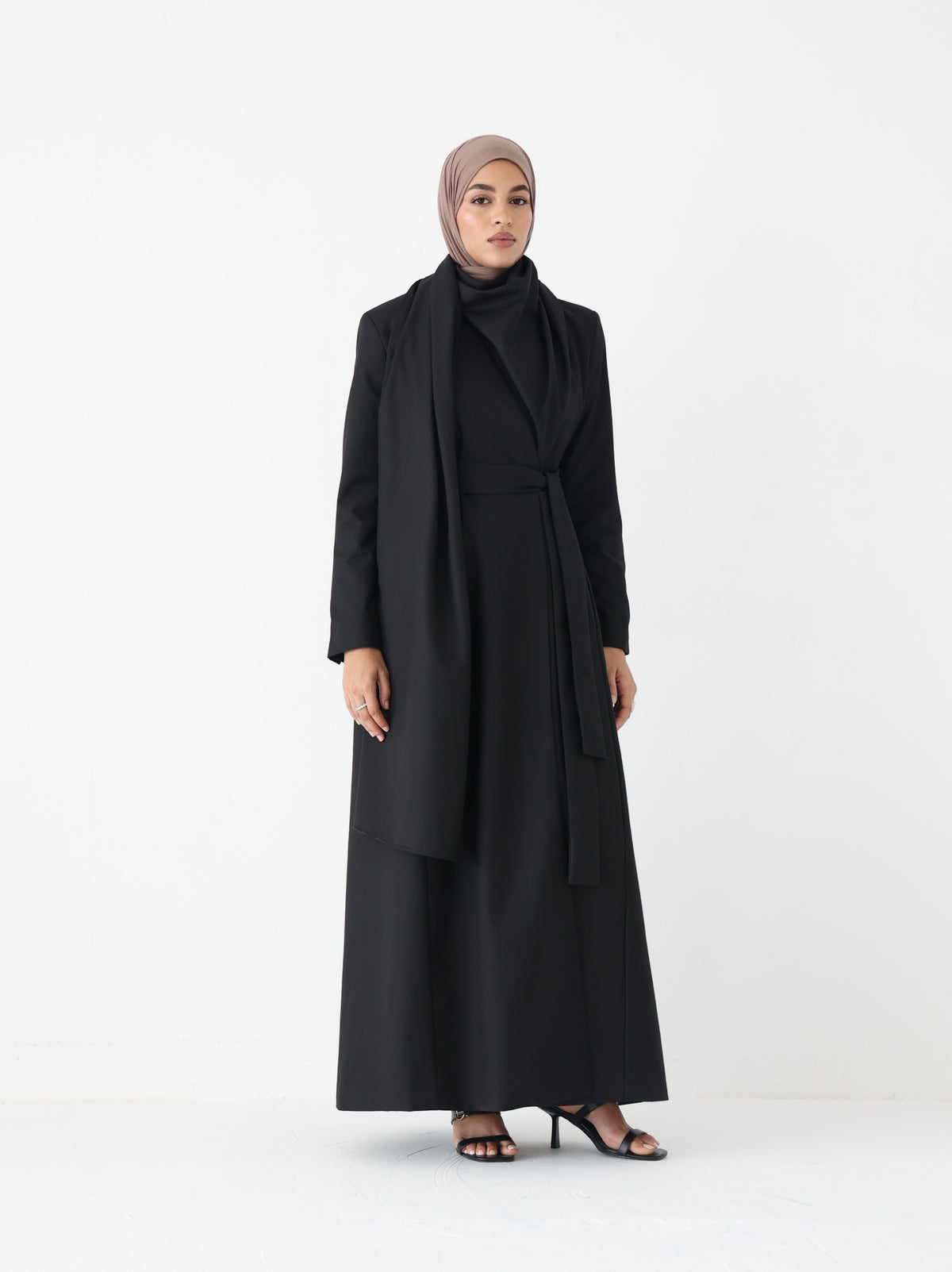 Black Scarf Abaya – belted maxi abaya with detachable scarf, photo 1