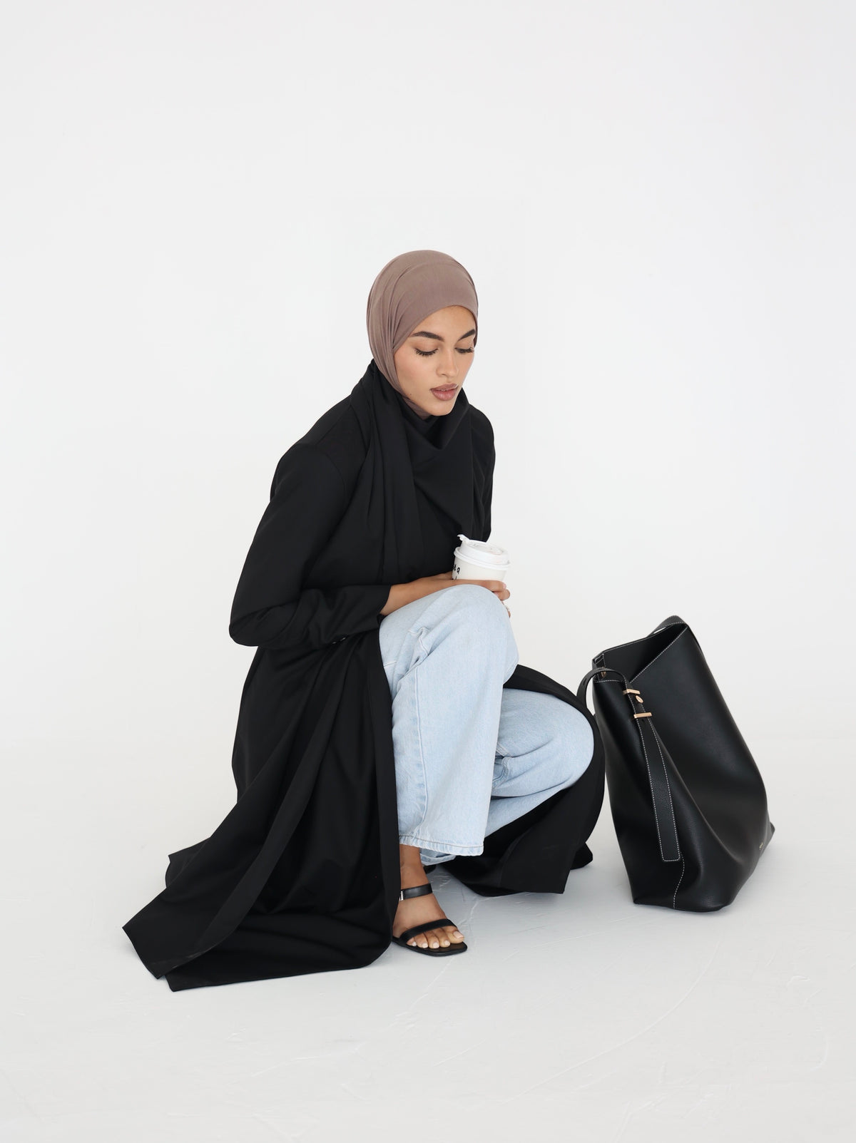 Black Scarf Abaya – belted maxi abaya with detachable scarf, photo 3