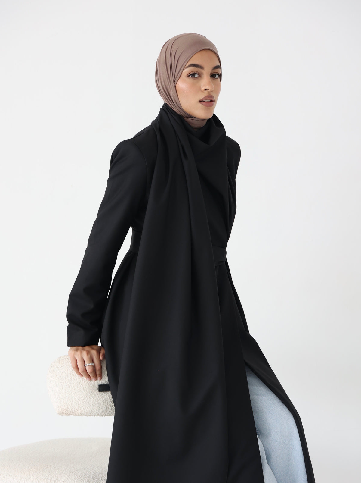 Black Scarf Abaya – belted maxi abaya with detachable scarf, photo 2