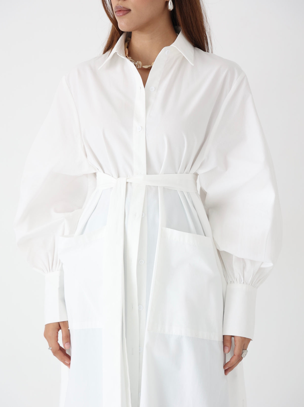 White side-slit cotton shirt dress with belt, modest fashion - Summer Breeze (photo 4)