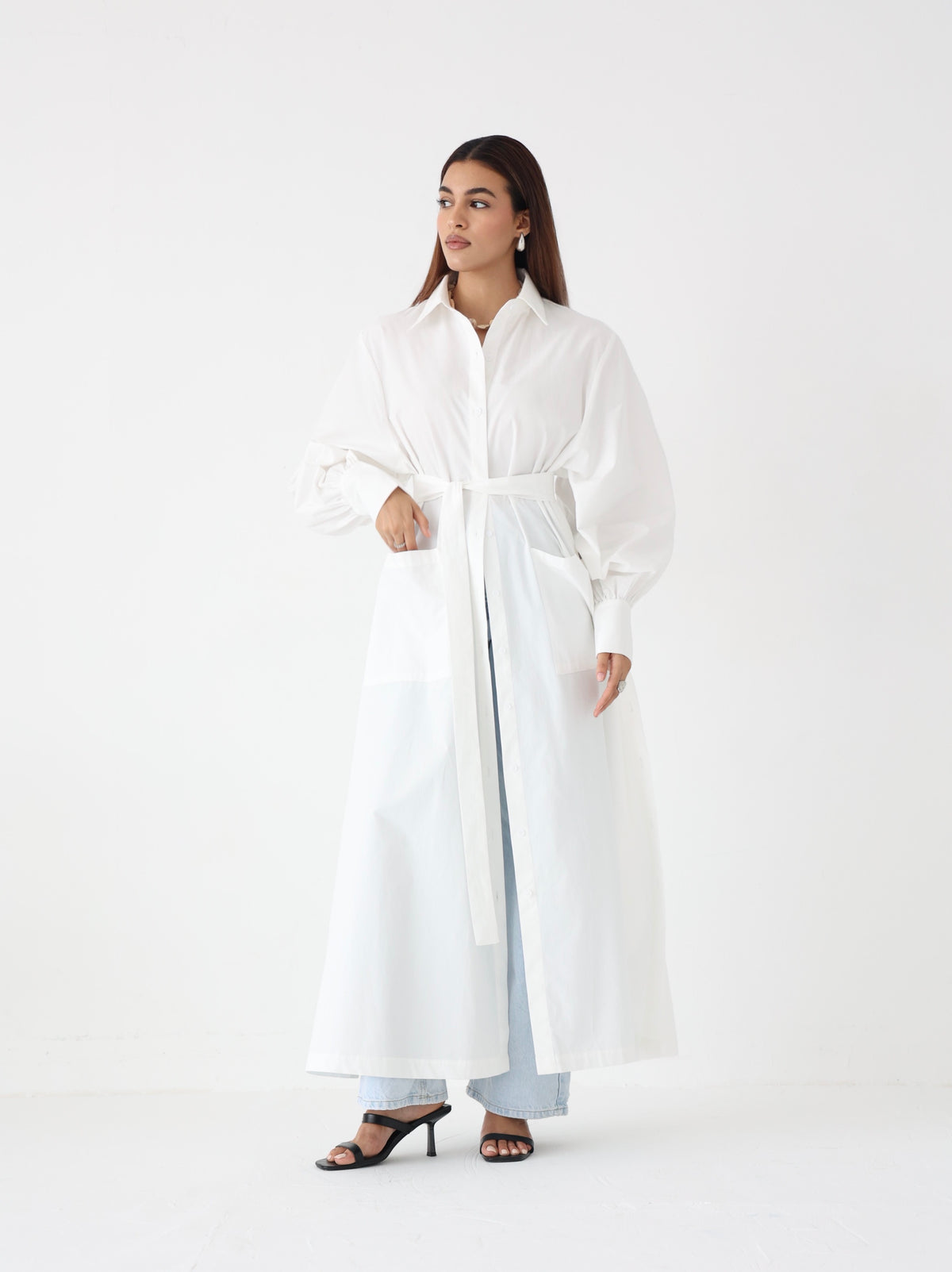 White side-slit cotton shirt dress with belt, modest fashion - Summer Breeze (photo 3)
