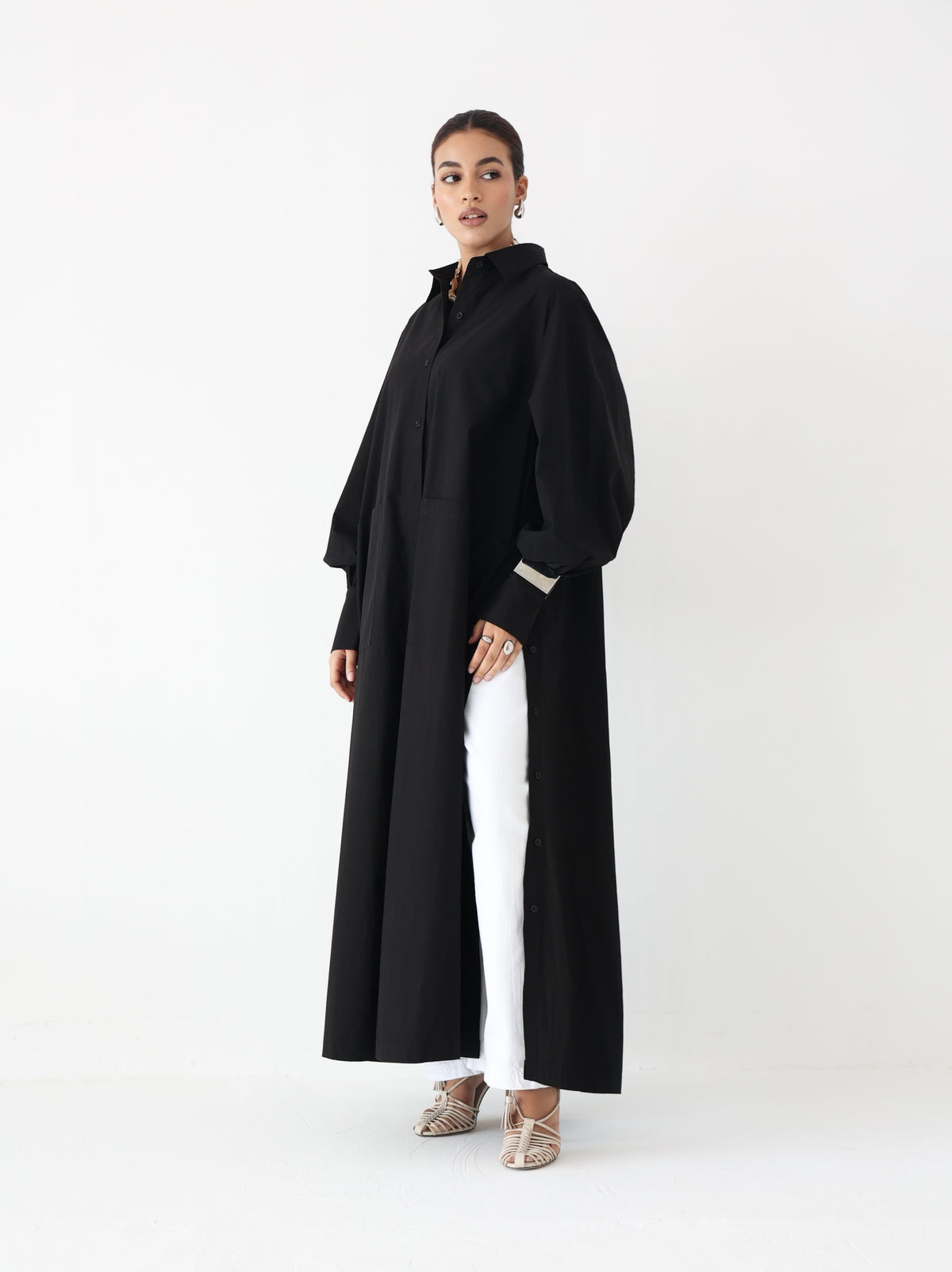 Black side-slit cotton shirt dress with belt, modest fashion - Summer Breeze (photo 1)