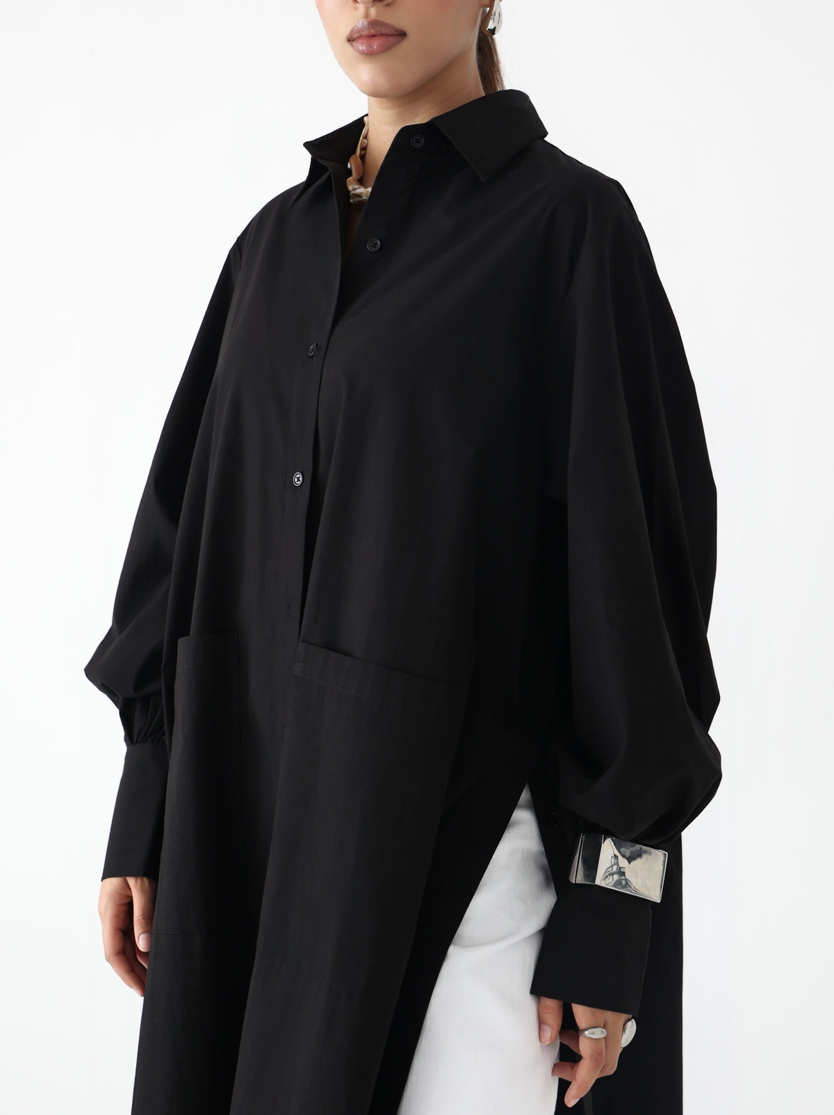 Black side-slit cotton shirt dress with belt, modest fashion - Summer Breeze (photo 4)