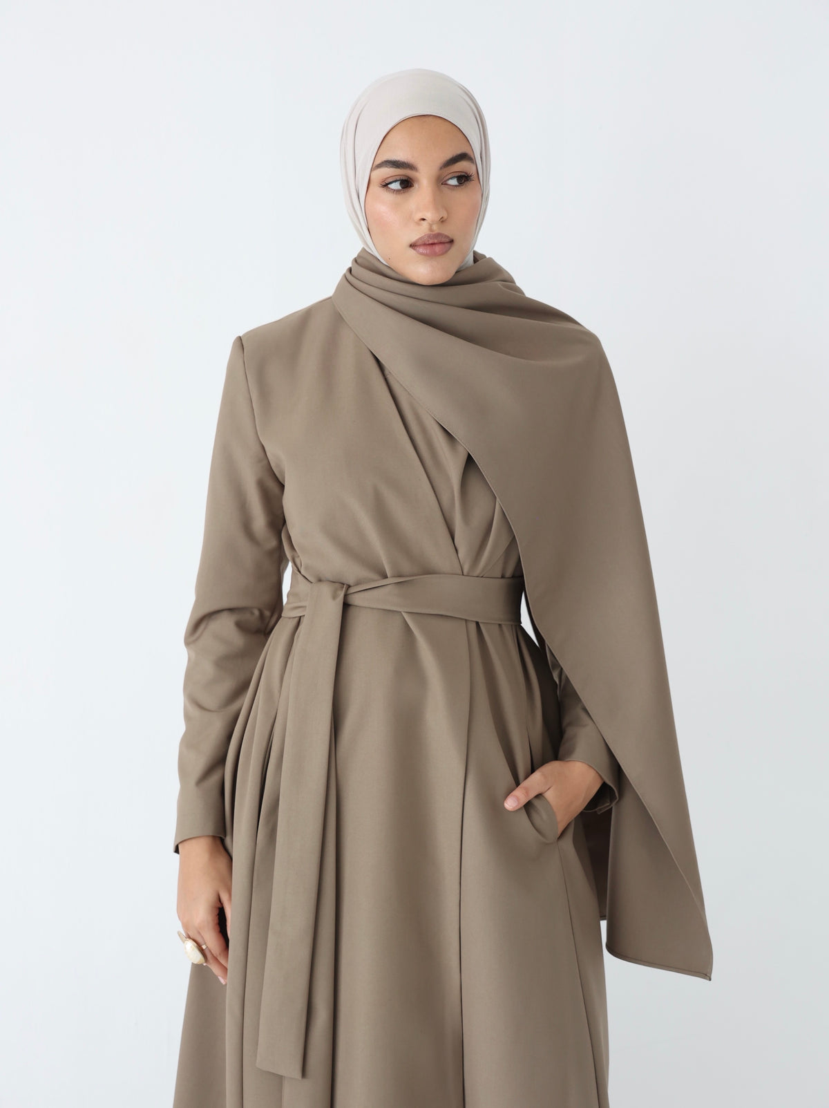 Khaki Scarf Abaya – belted maxi abaya with detachable scarf, photo 5