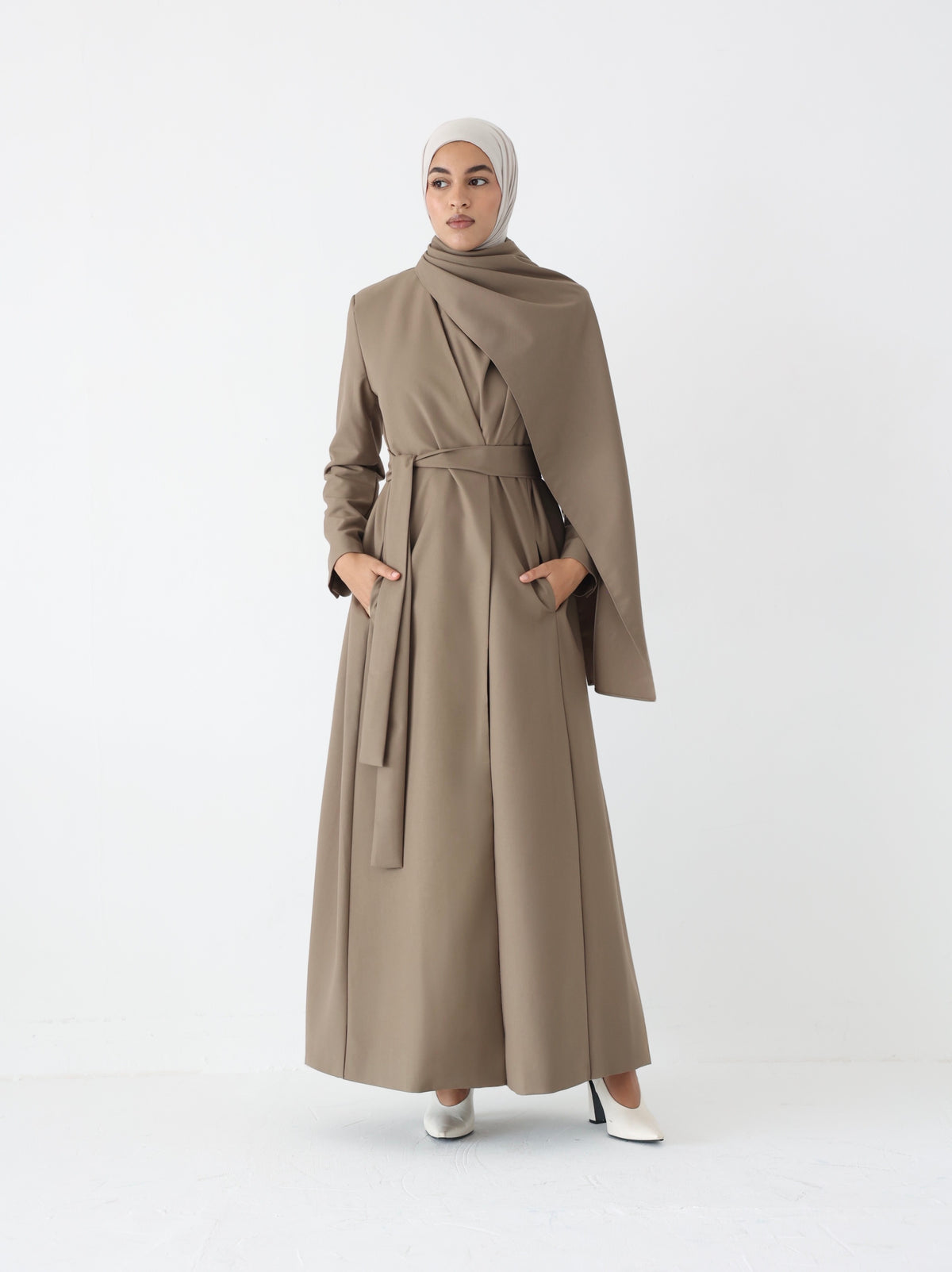 Khaki Scarf Abaya – belted maxi abaya with detachable scarf, photo 1