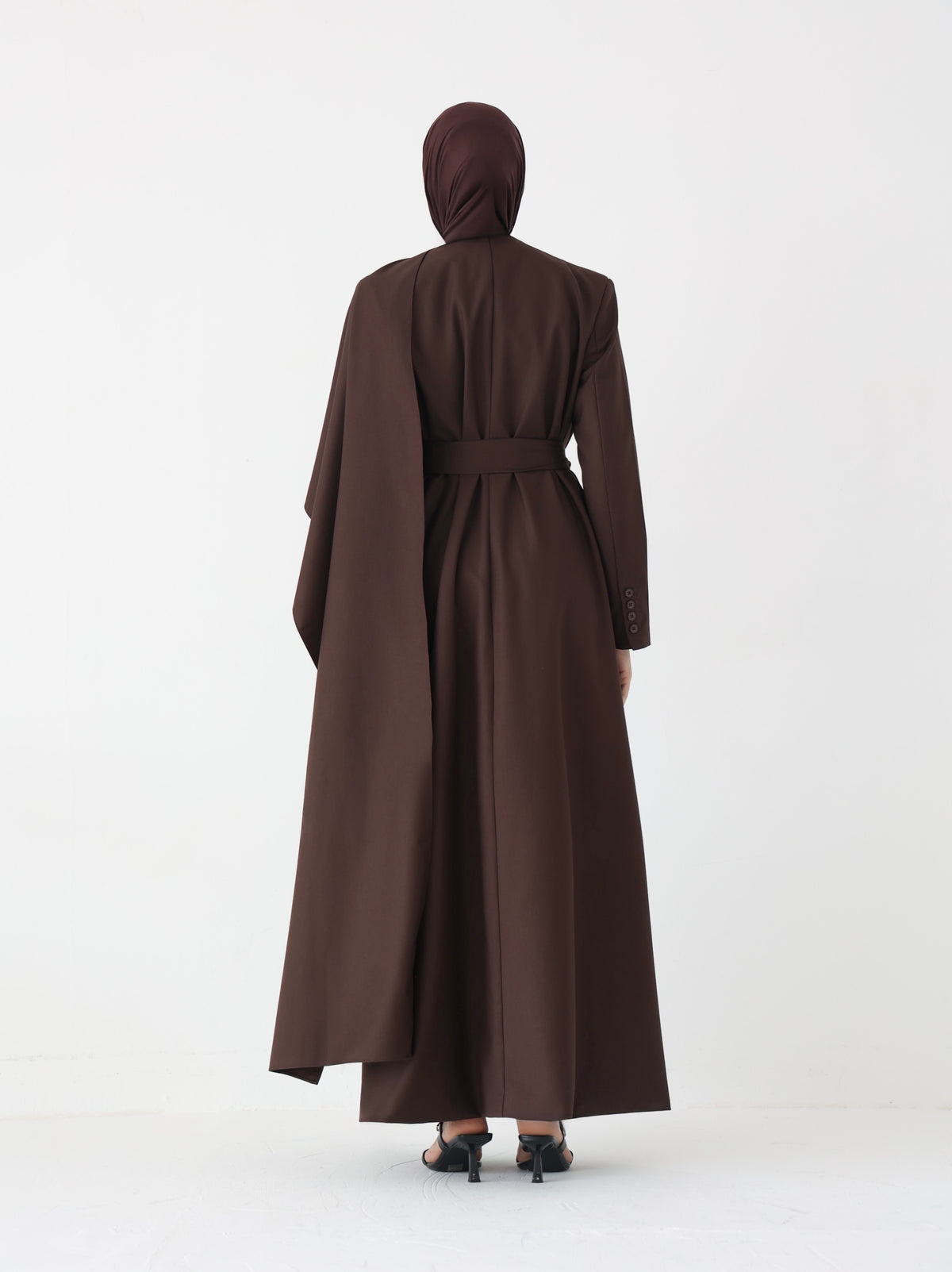 Brown Scarf Abaya – belted maxi abaya with detachable scarf, photo 3