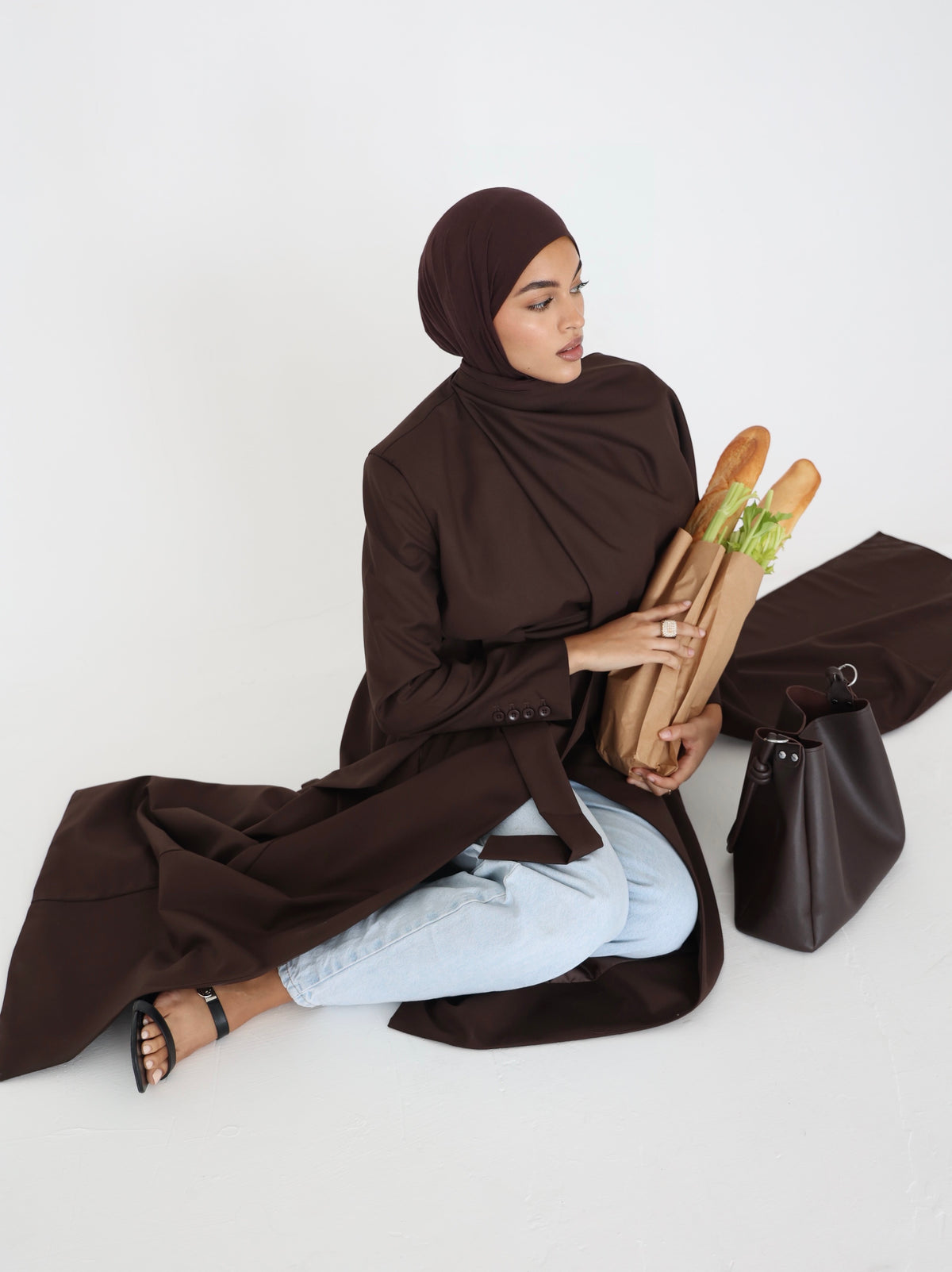 Brown Scarf Abaya – belted maxi abaya with detachable scarf, photo 2