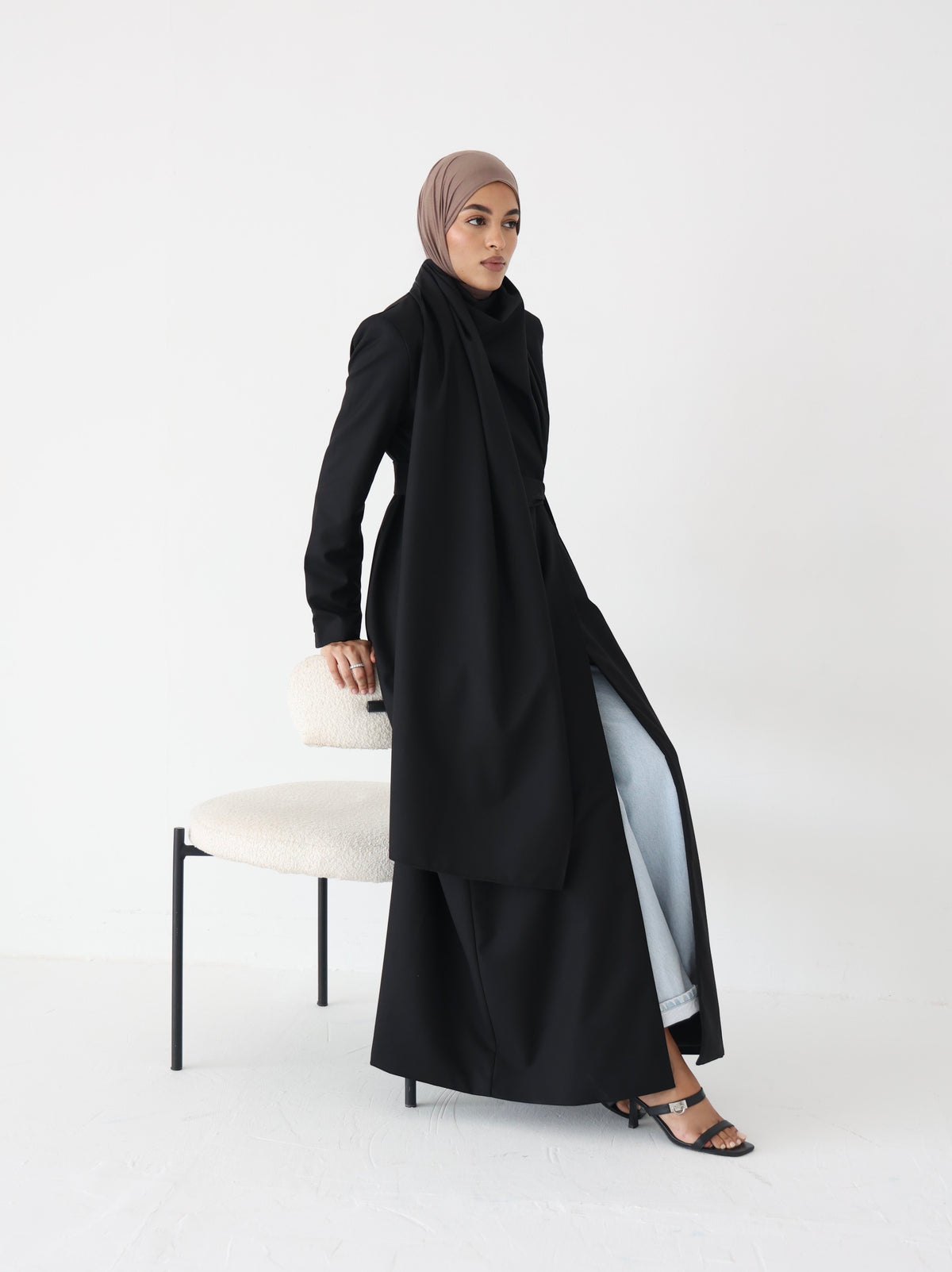 Black Scarf Abaya – belted maxi abaya with detachable scarf, photo 6
