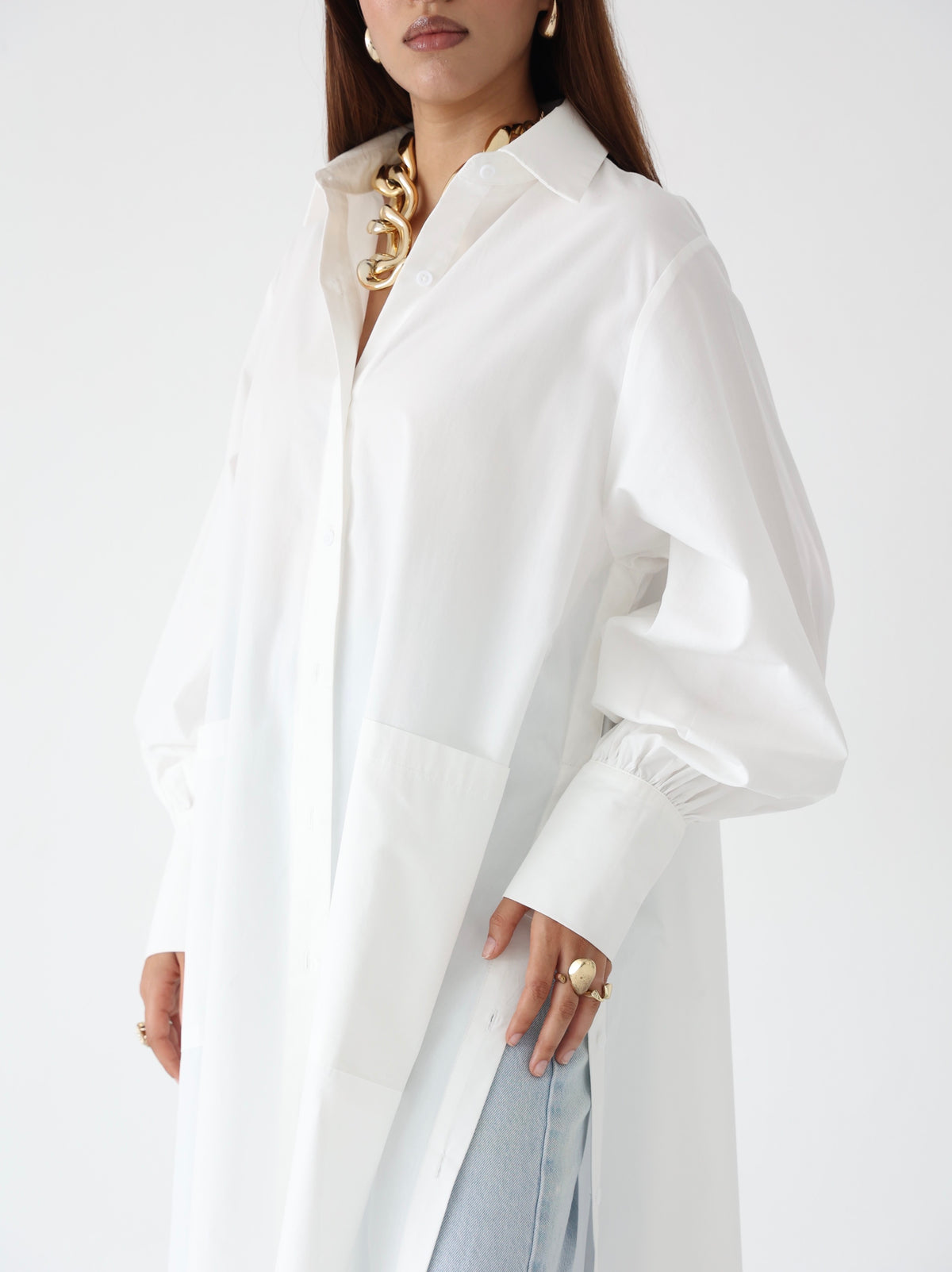 White side-slit cotton shirt dress with belt, modest fashion - Summer Breeze (photo 8)