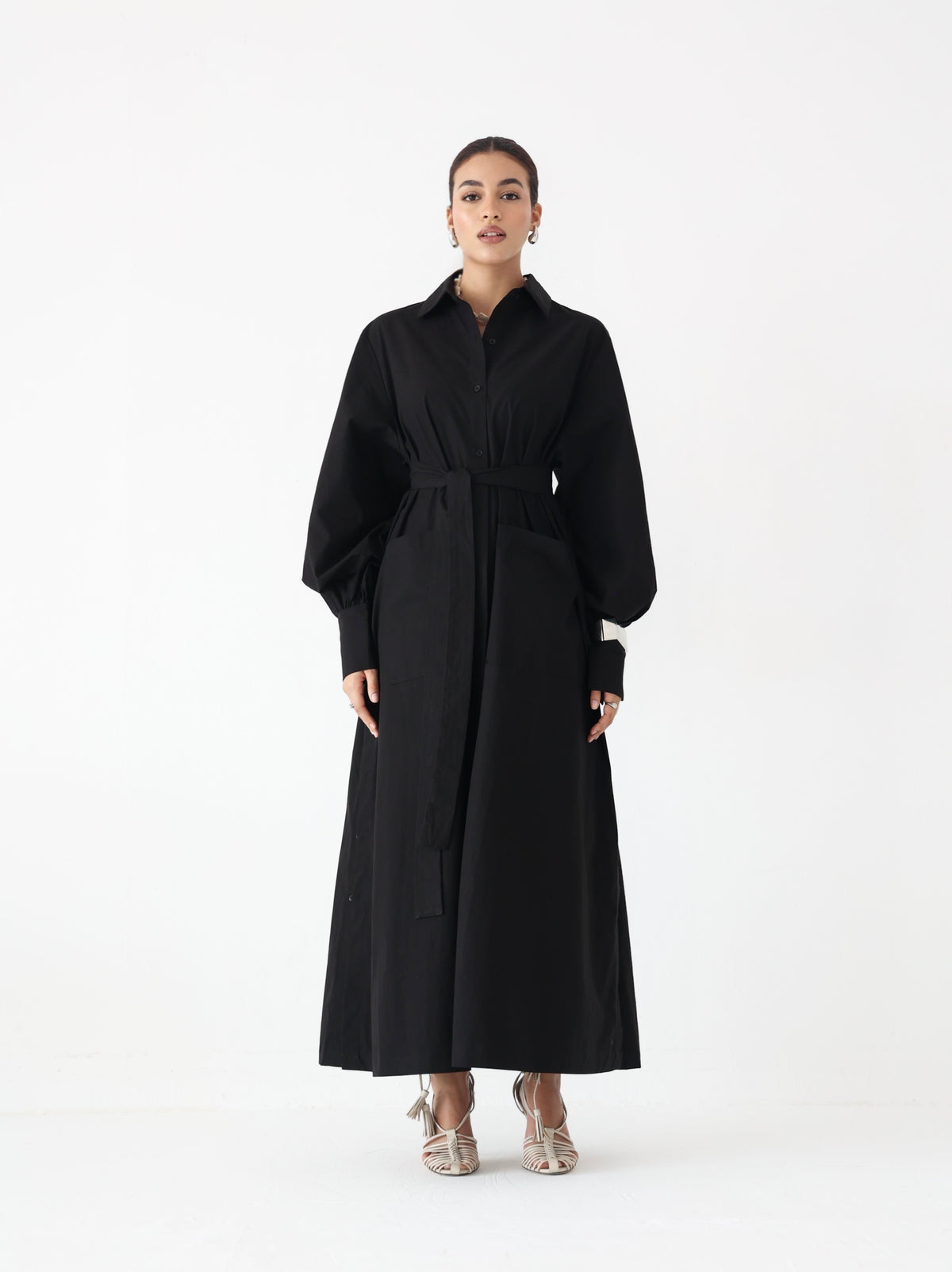 Black side-slit cotton shirt dress with belt, modest fashion - Summer Breeze (photo 2)