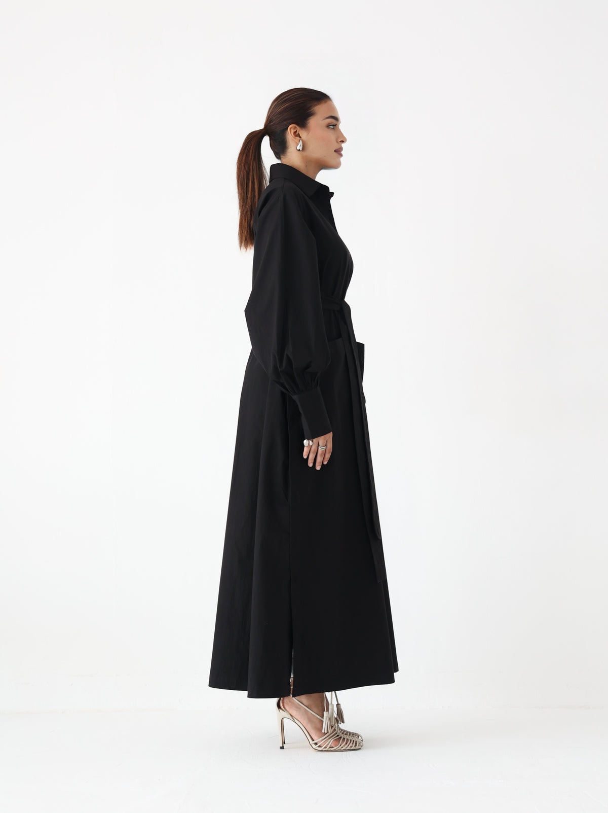 Black side-slit cotton shirt dress with belt, modest fashion - Summer Breeze (photo 5)