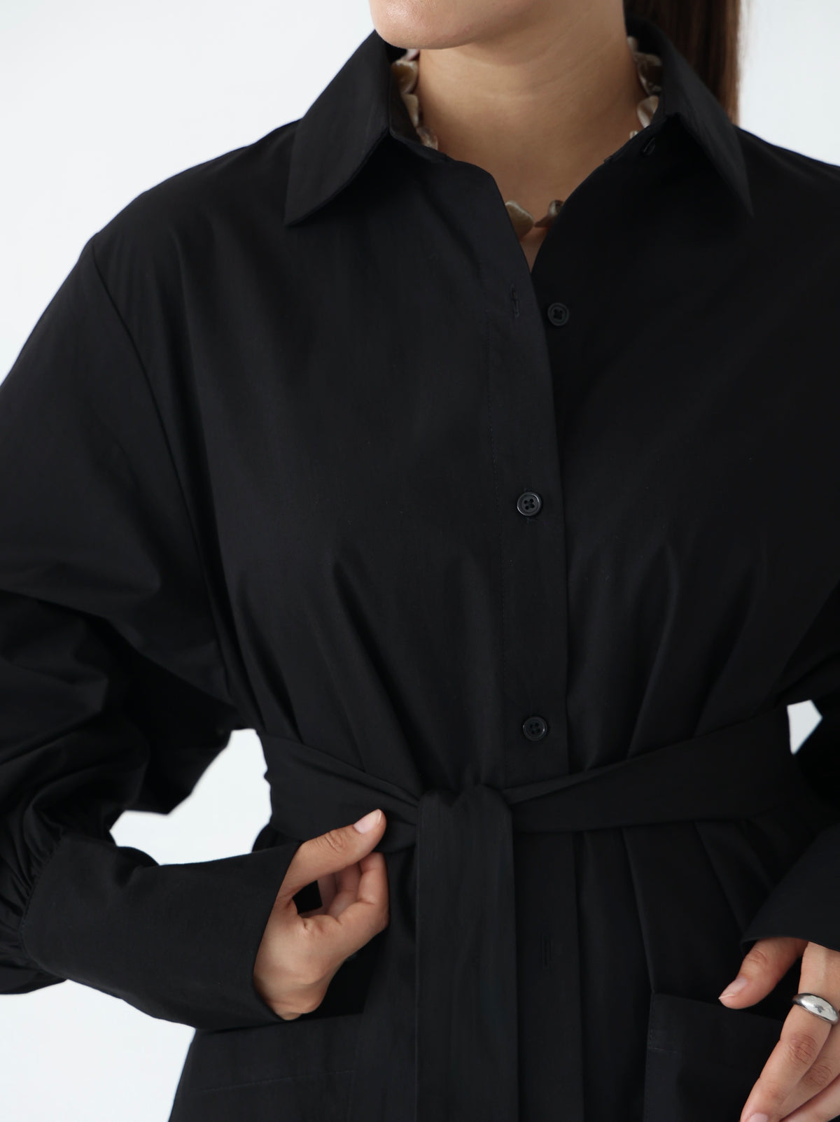 Black side-slit cotton shirt dress with belt, modest fashion - Summer Breeze (photo 3)